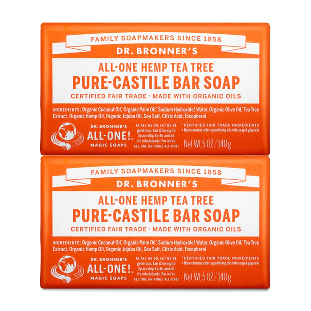 Dr. Bronner's - Pure-Castile Bar Soap (Tea Tree, 5 ounce, 2-Pack) - Made with Organic Oils, For Face, Body, Hair and Dandruff, Gentle on Acne-Prone Skin, Biodegradable, Vegan, Non-GMO